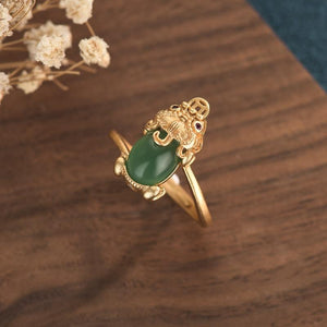 Green Jade Pixiu Gold Wealth Ring - FengshuiGallary
