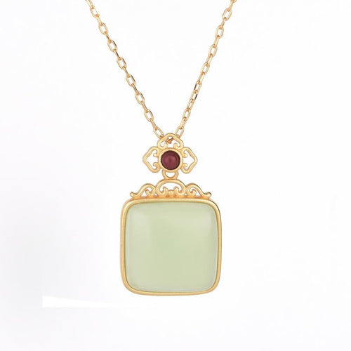 Green Jade Red Agate Gold Wealth Pendant Necklace - FengshuiGallary