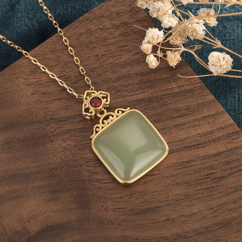Green Jade Red Agate Gold Wealth Pendant Necklace - FengshuiGallary