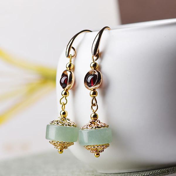 Green Jade Red Garnet Earring - FengshuiGallary