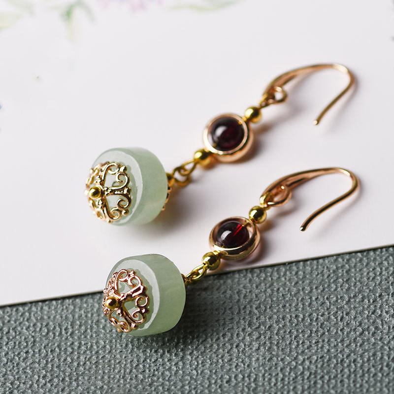 Green Jade Red Garnet Earring - FengshuiGallary