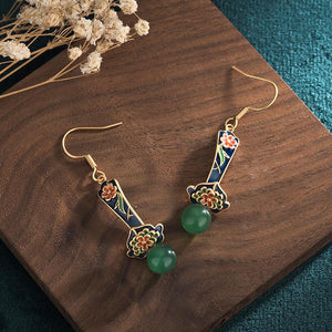 Green Jade Ruyi Earrings-Blue Enamel - FengshuiGallary