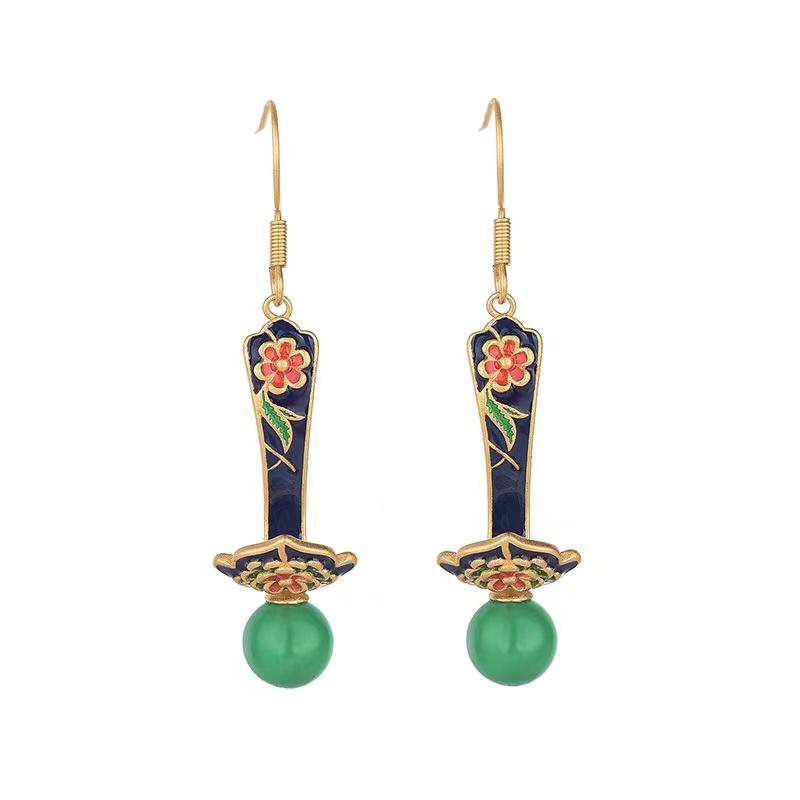 Green Jade Ruyi Earrings-Blue Enamel - FengshuiGallary