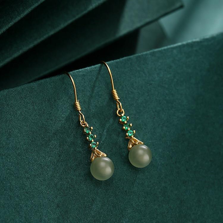 Green Jade Zirconia Crystal Dangle Earrings - FengshuiGallary