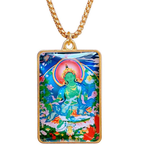 Green Tara Buddha Thang Ka Pendant Necklace - FengshuiGallary