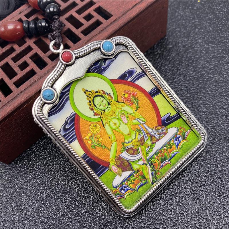 Green Tara Tibetan Buddha Thang Ka Pendant Necklace - FengshuiGallary