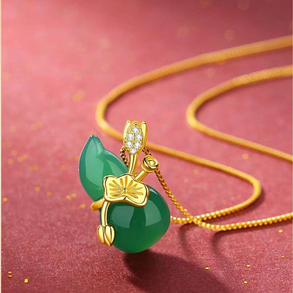 Hetian Green Jade Calabash Lotus Leaf Pendant Necklace - FengshuiGallary