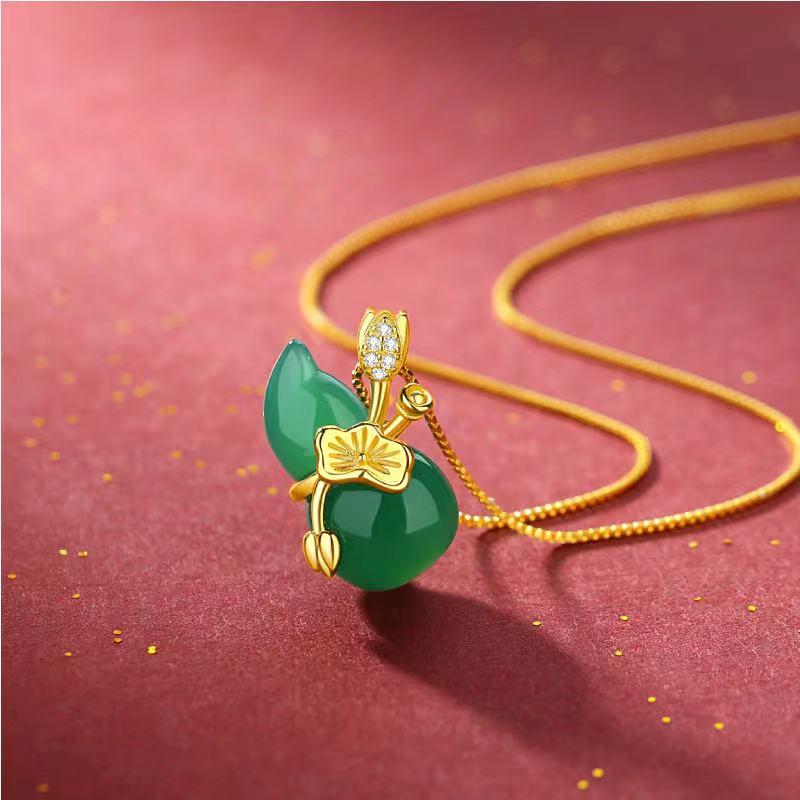 Hetian Green Jade Calabash Lotus Leaf Pendant Necklace - FengshuiGallary