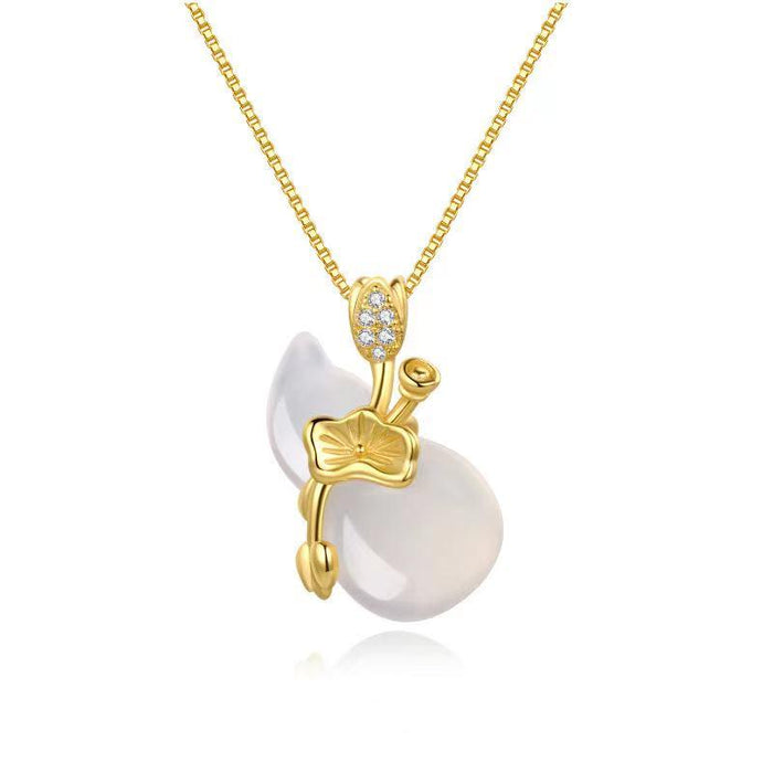 Hetian White Jade Calabash Lotus Leaf Pendant Necklace - FengshuiGallary