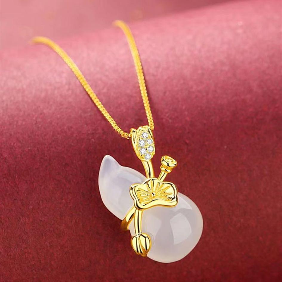 Hetian White Jade Calabash Lotus Leaf Pendant Necklace - FengshuiGallary