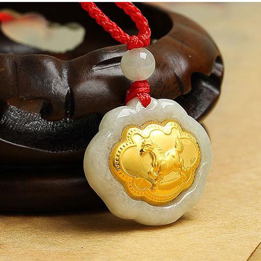 Horse 24k Gold 12 Chinese Zodiac Lucky Amulet White Jade Pendant Necklace - FengshuiGallary