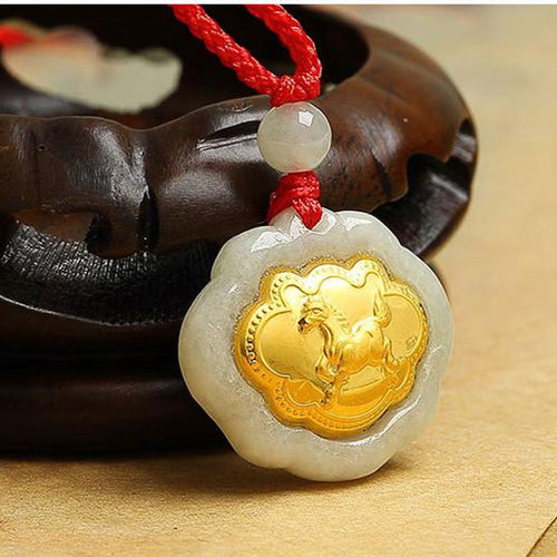 Horse 24k Gold 12 Chinese Zodiac Lucky Amulet White Jade Pendant Necklace - FengshuiGallary