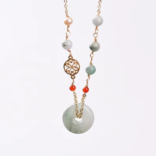 Ice Jade Pendant Necklace-Red Agate Beads - FengshuiGallary