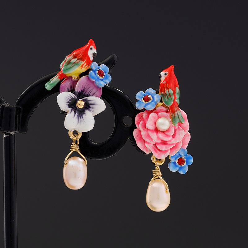 Intuitive Wisdom Parrot Flower Pearl Lucky Earrings - FengshuiGallary