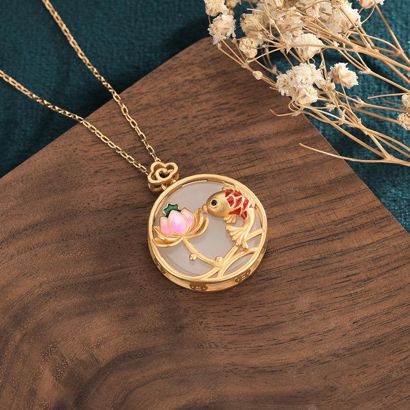 Koi Fish Lotus Flower White Jade Lucky Pendant Necklace - FengshuiGallary