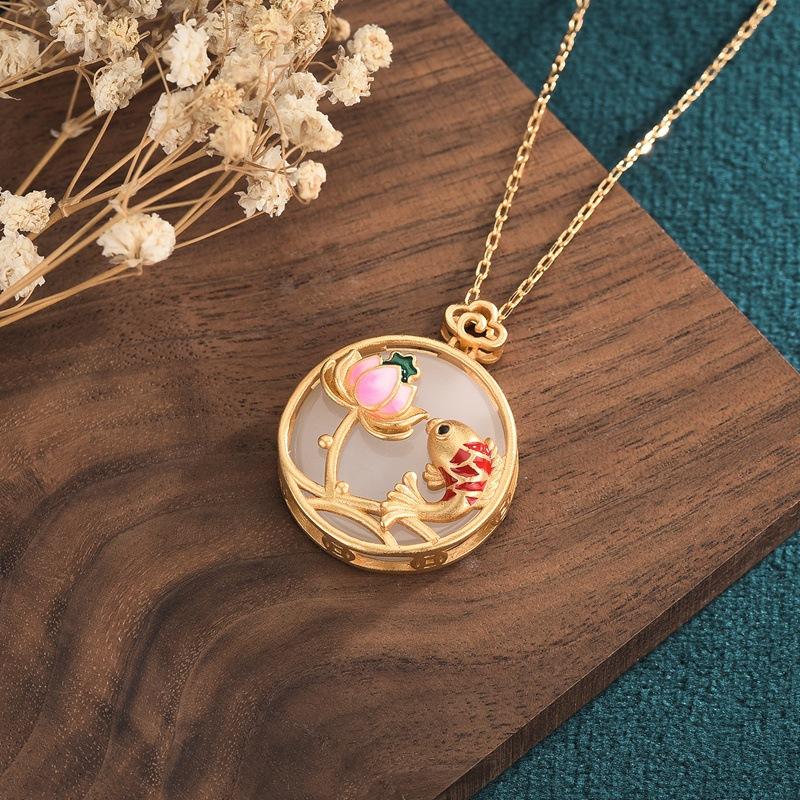 Koi Fish Lotus Flower White Jade Lucky Pendant Necklace - FengshuiGallary