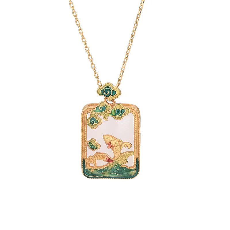 Koi Fish Wealth Necklace- Green Enamel - FengshuiGallary