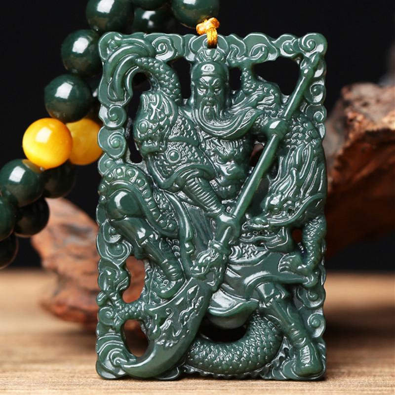 Kwan Kung Green Jade Wealth Hollow Carving Pendant - FengshuiGallary