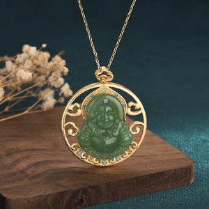Laughing Buddha Green Jade Pendant Necklace - FengshuiGallary