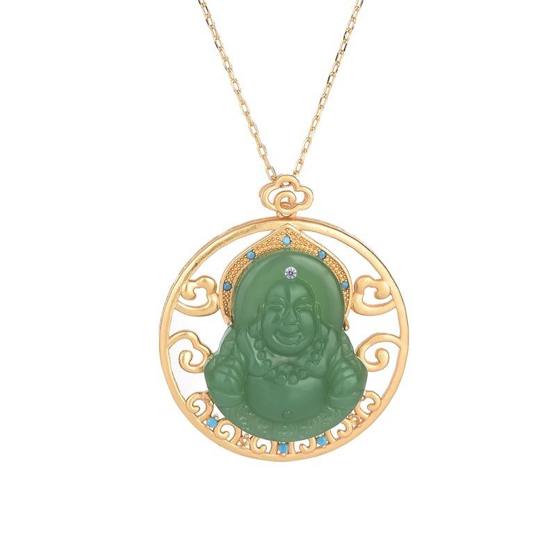 Laughing Buddha Green Jade Pendant Necklace - FengshuiGallary