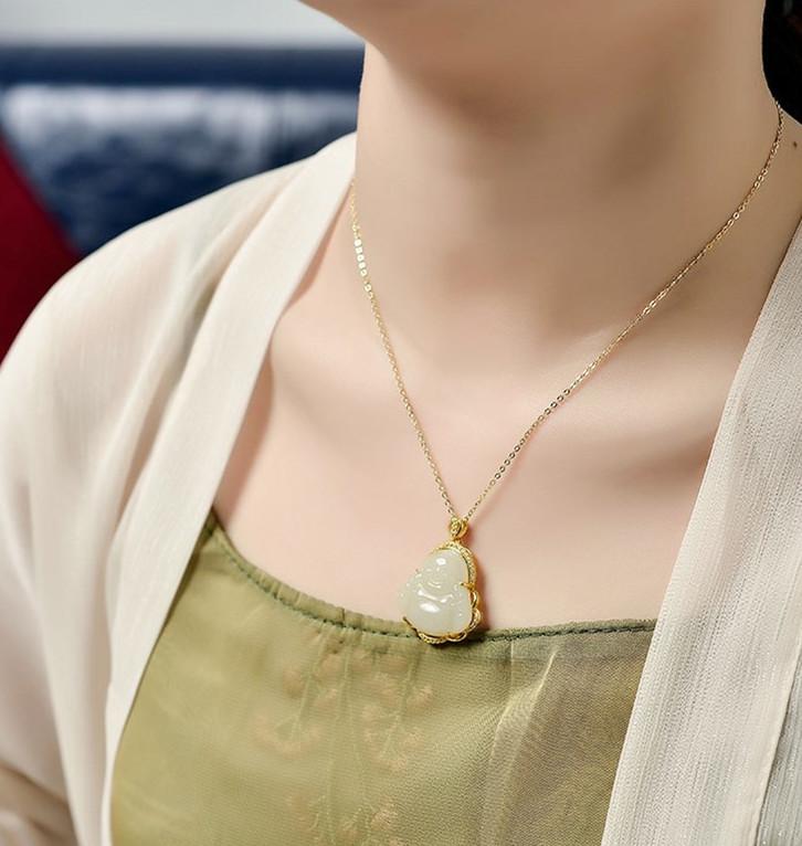 Laughing Buddha Natural Hetian Jade Pendant 925 Silver Nechlace - FengshuiGallary