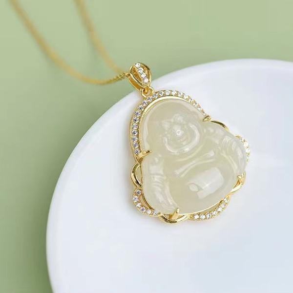 Laughing Buddha Natural Hetian Jade Pendant 925 Silver Nechlace - FengshuiGallary