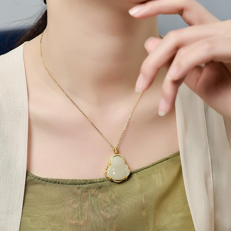 Laughing Buddha Natural Hetian Jade Pendant 925 Silver Nechlace - FengshuiGallary