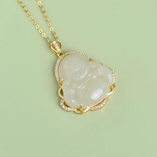 Laughing Buddha Natural Hetian Jade Pendant 925 Silver Nechlace - FengshuiGallary