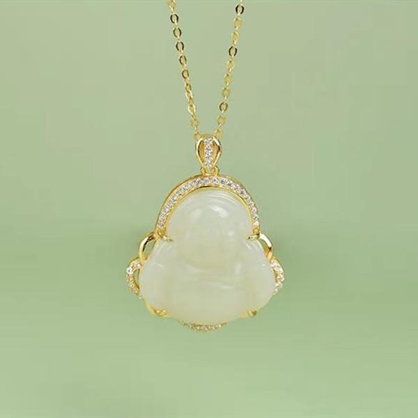 Laughing Buddha Natural Hetian Jade Pendant 925 Silver Nechlace - FengshuiGallary
