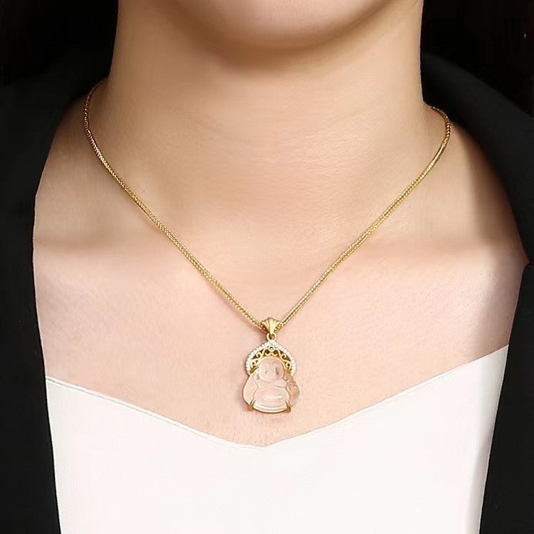 Laughing Buddha White Crystal Lucky Necklace - FengshuiGallary