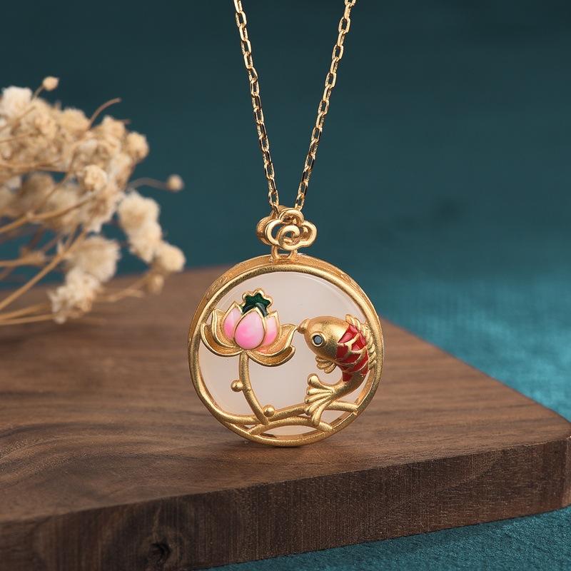 Lotus Flower White Jade Koi Fish Wealth Pendant Necklace - FengshuiGallary