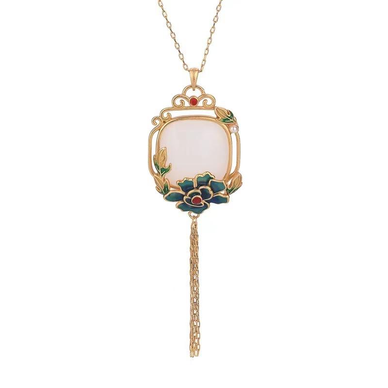 Lotus Flower White Jade Tassel Lucky Pendant Necklace - FengshuiGallary