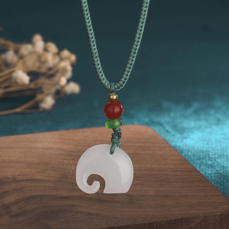 Lucky Elephant Jade Pendant-Red Agate Bead - FengshuiGallary