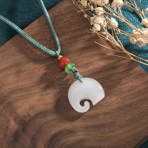 Lucky Elephant Jade Pendant-Red Agate Bead - FengshuiGallary