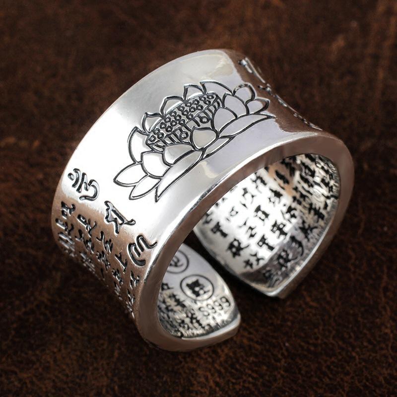 Lucky Lotus Heart Sutra Silver Ring - FengshuiGallary