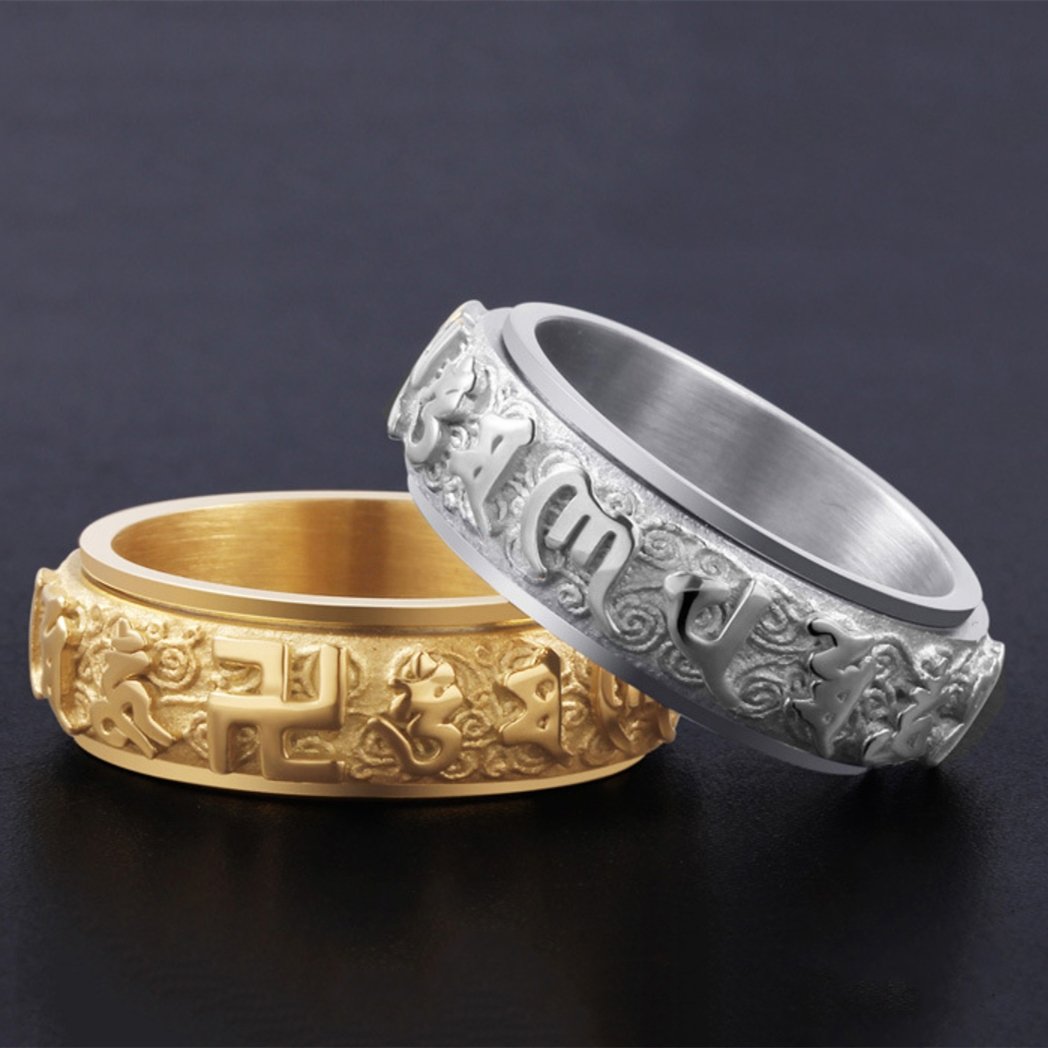 Lucky Six True Words Titanium Mantra Rotating Ring - FengshuiGallary