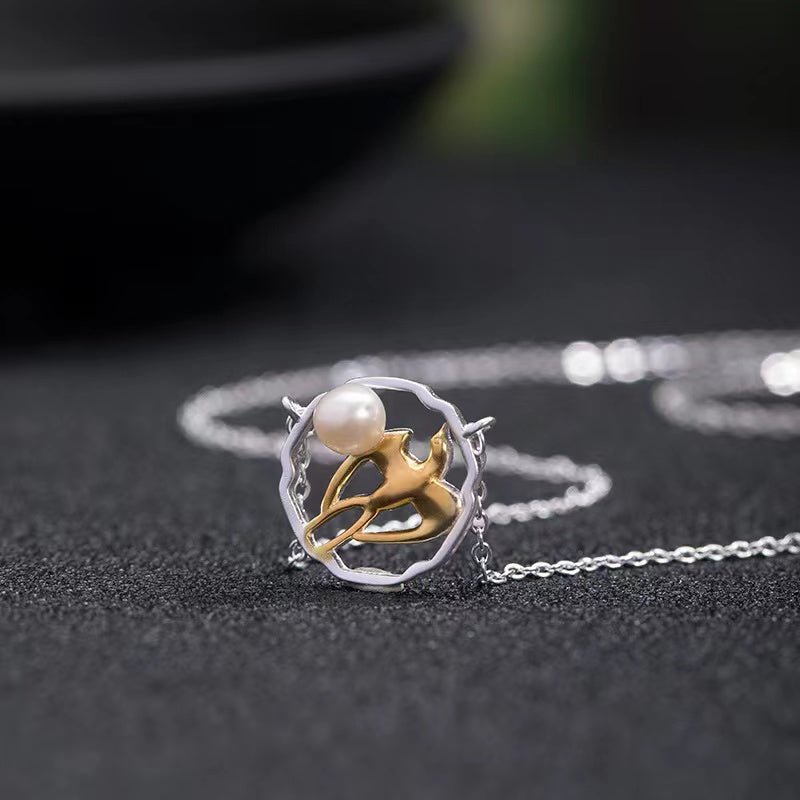 Lucky Swallow 925 Silver Necklace-Natural Pearl - FengshuiGallary