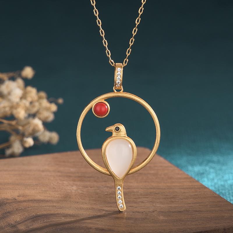 Magpie Pendant Necklace-White Jade Zirconia Crystal - FengshuiGallary