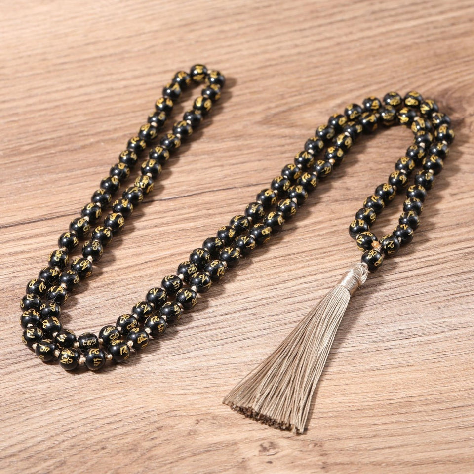 Mala 108 Beads Necklace-Black Obsidian Mantra - FengshuiGallary