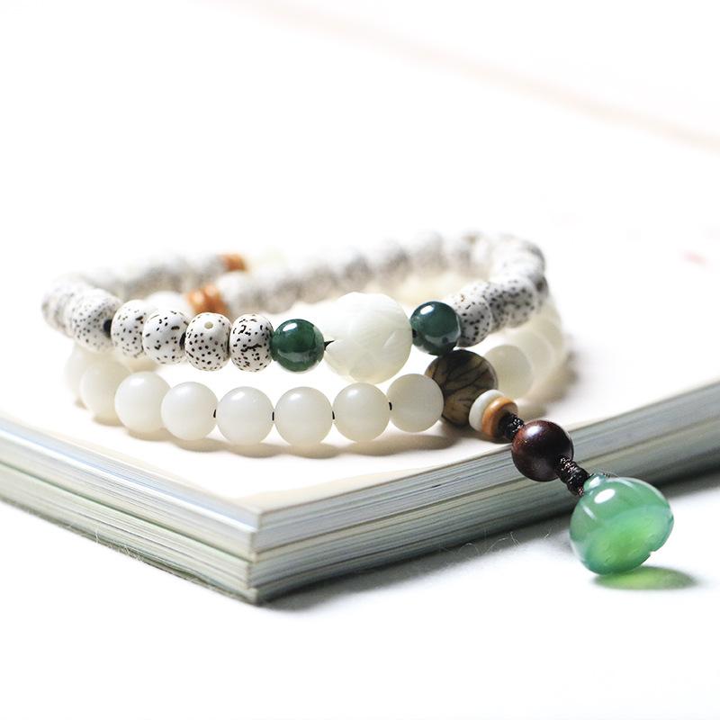 Mala Bracelet-Green Agate Lotus Bodhi Root - FengshuiGallary