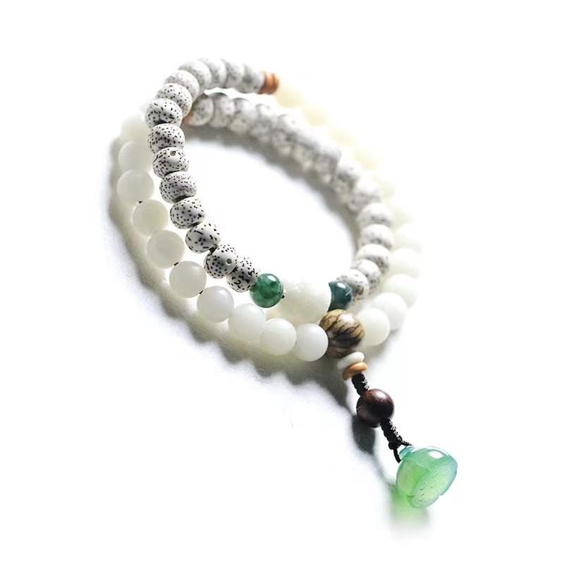 Mala Bracelet-Green Agate Lotus Bodhi Root - FengshuiGallary