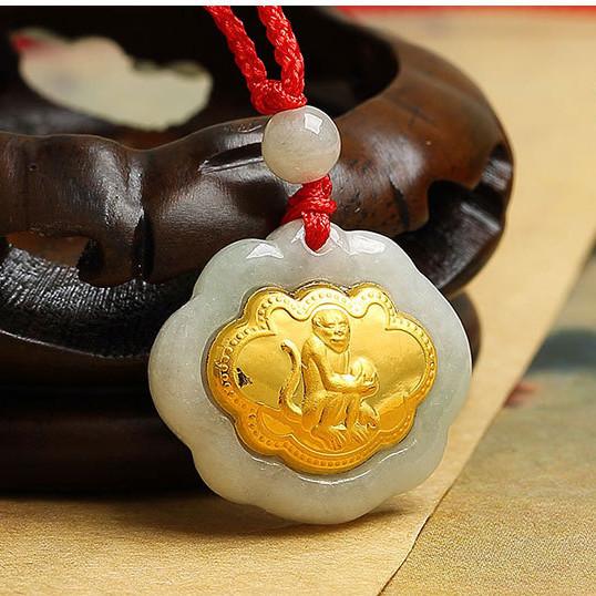 Monkey 24k Gold 12 Chinese Zodiac Lucky Amulet White Jade Pendant Necklace - FengshuiGallary