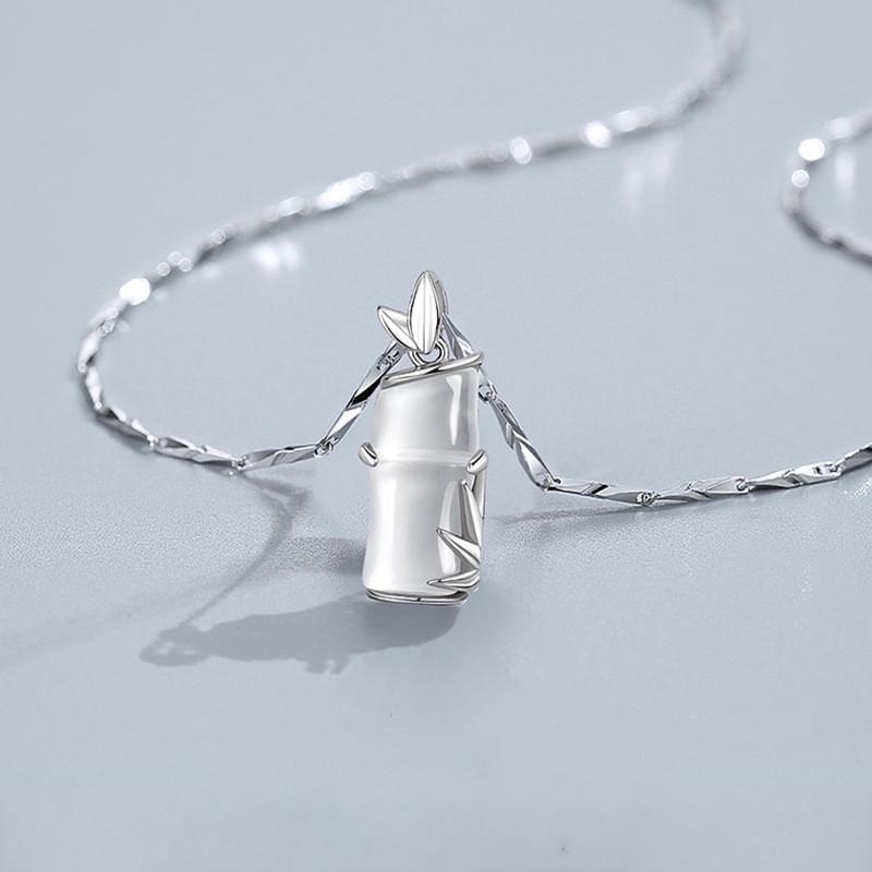 Moon Stone Bamboo Pendant 925 Sterling Silver Necklace - FengshuiGallary