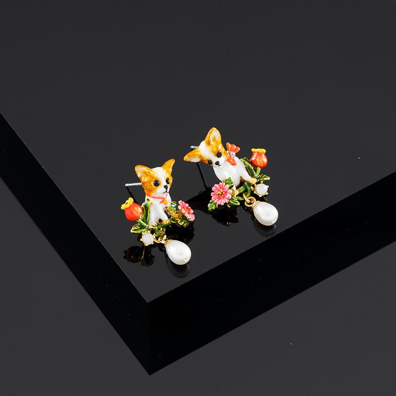 Natrual Pearl Lucky Dog Enamel Earrings - FengshuiGallary