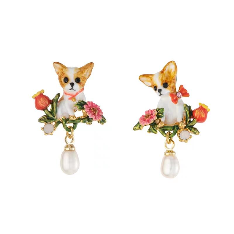 Natrual Pearl Lucky Dog Enamel Earrings - FengshuiGallary