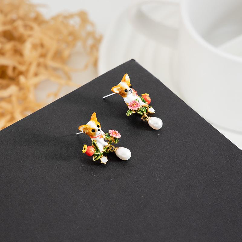 Natrual Pearl Lucky Dog Enamel Earrings - FengshuiGallary
