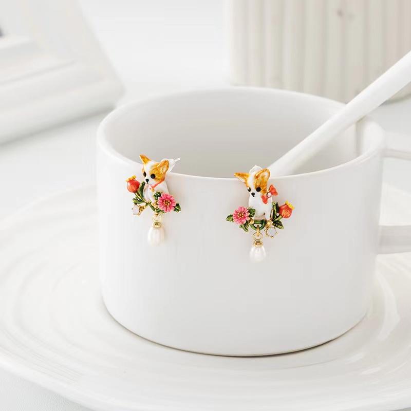 Natrual Pearl Lucky Dog Enamel Earrings - FengshuiGallary