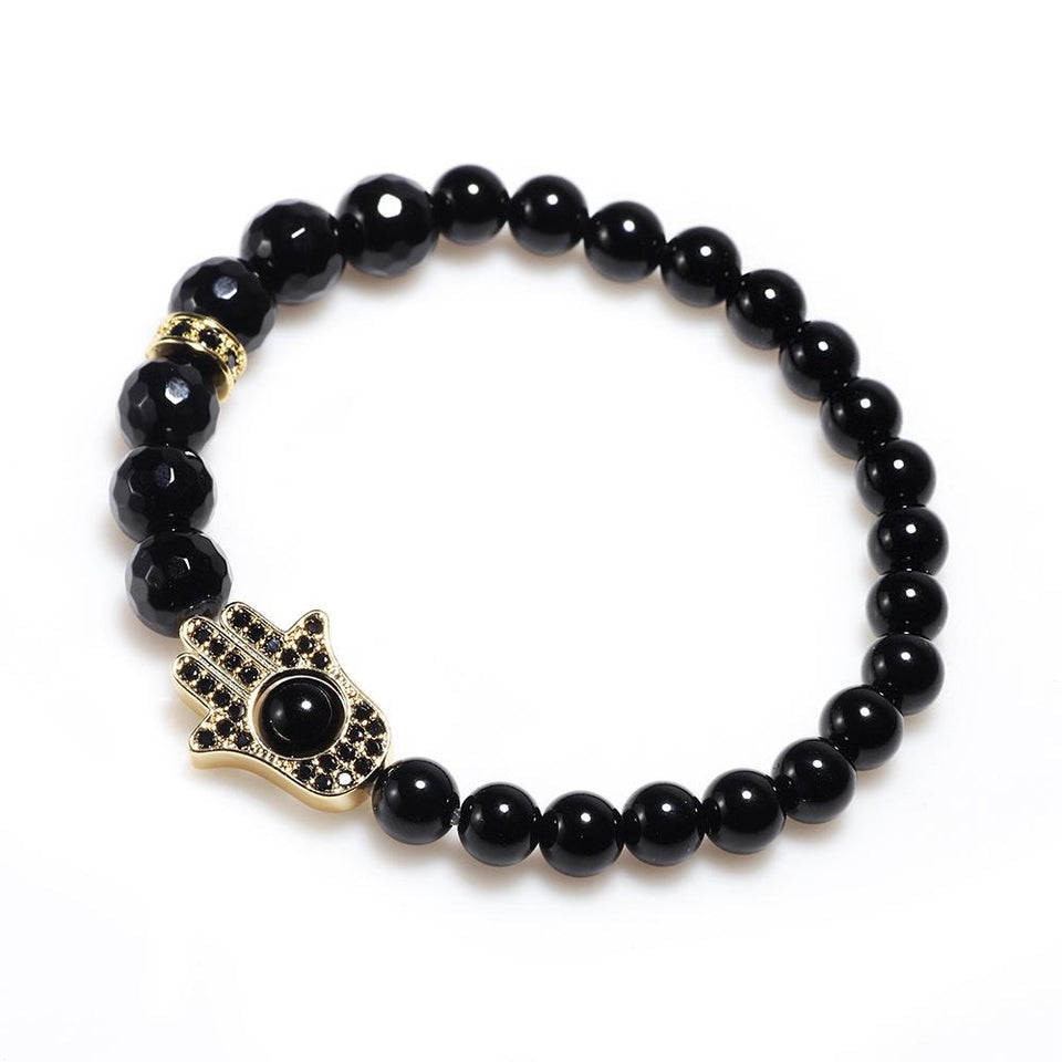 Natural Black Agate Hand of Fatima Protection Bracelet - FengshuiGallary