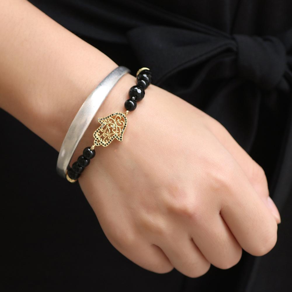 Natural Black Agate Hollow Hand of Fatima Healing Bracelet - FengshuiGallary