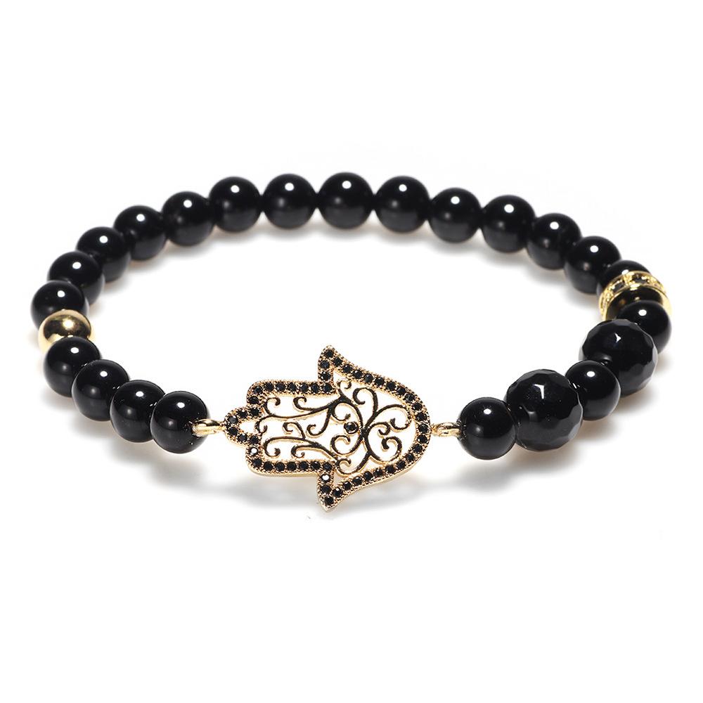 Natural Black Agate Hollow Hand of Fatima Healing Bracelet - FengshuiGallary